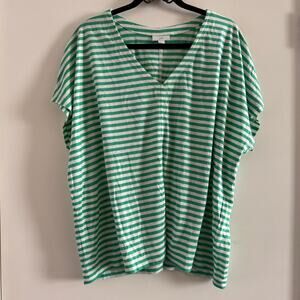 J. Jill Top Green Striped Linen V-Neck Pullover Short Sleeve Sz L Women's